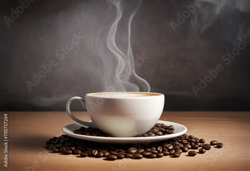 Coffee beans set against a backdrop of a cup