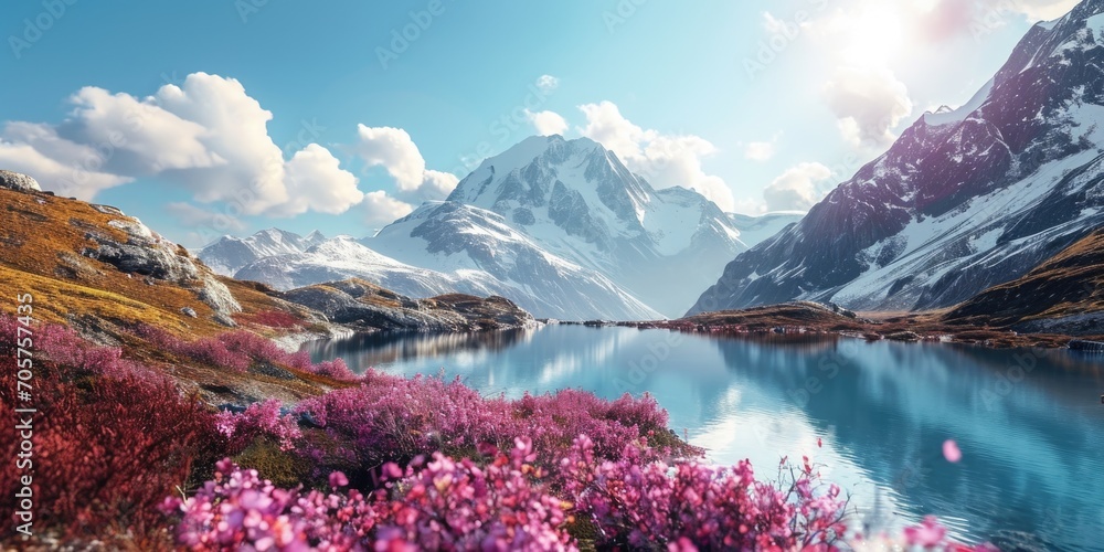 beautiful mountain landscape with lake and flowers and clouds under the blue sky - obrazy, fototapety, plakaty 