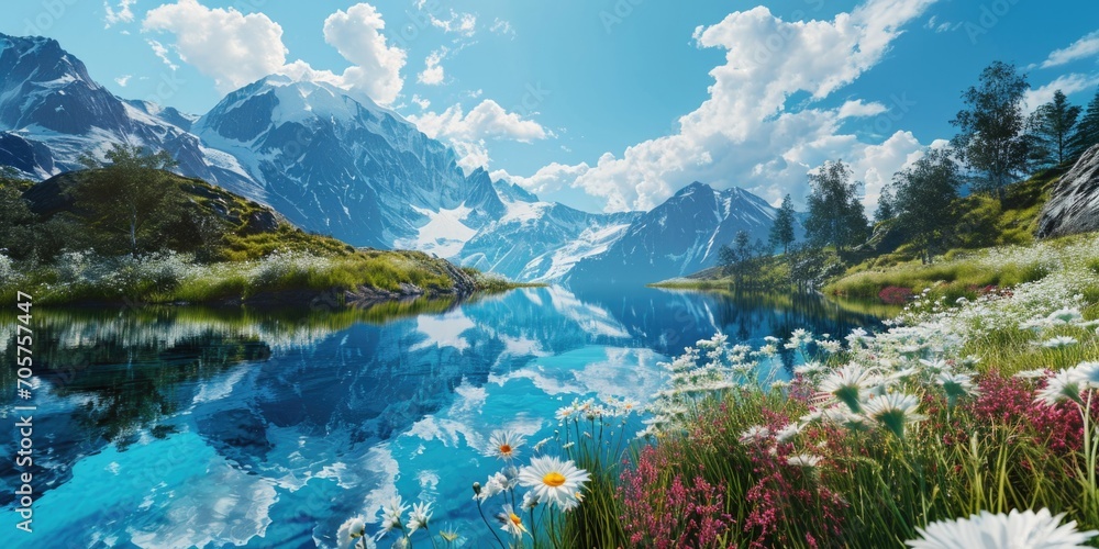 beautiful mountain landscape with lake and flowers and clouds under the blue sky