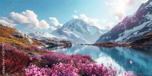 beautiful mountain landscape with lake and flowers and clouds under the blue sky photo
