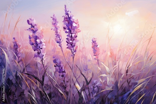 a painting of a field of lavender flowers with the sun shining through the clouds in the background and a painting of a field of lavender flowers in the foreground.
