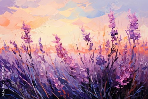  a painting of a field of lavender flowers with the sun setting in the distance behind it and a painting of a field of lavender flowers with purple flowers in the foreground.