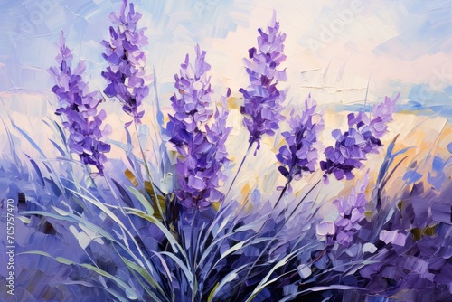  a painting of purple flowers in a vase on a blue  yellow  purple and white background with a sky in the background and a blue sky in the foreground.