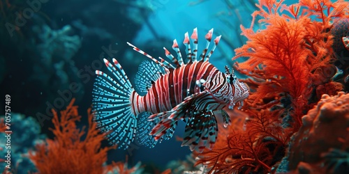 lionfish are blue and red with striped fins and coral photo