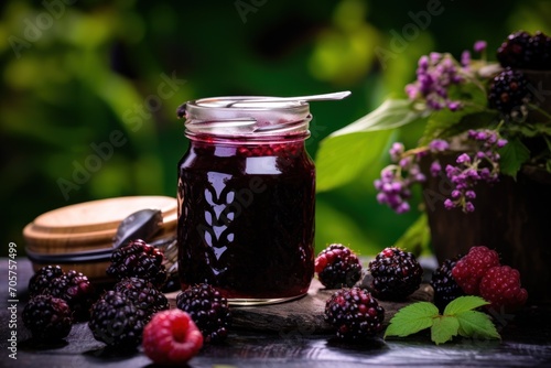  a jar of raspberry jam on a table surrounded by berries and a jar of jam with a spoon in the middle of the jar and some raspberries on the side.