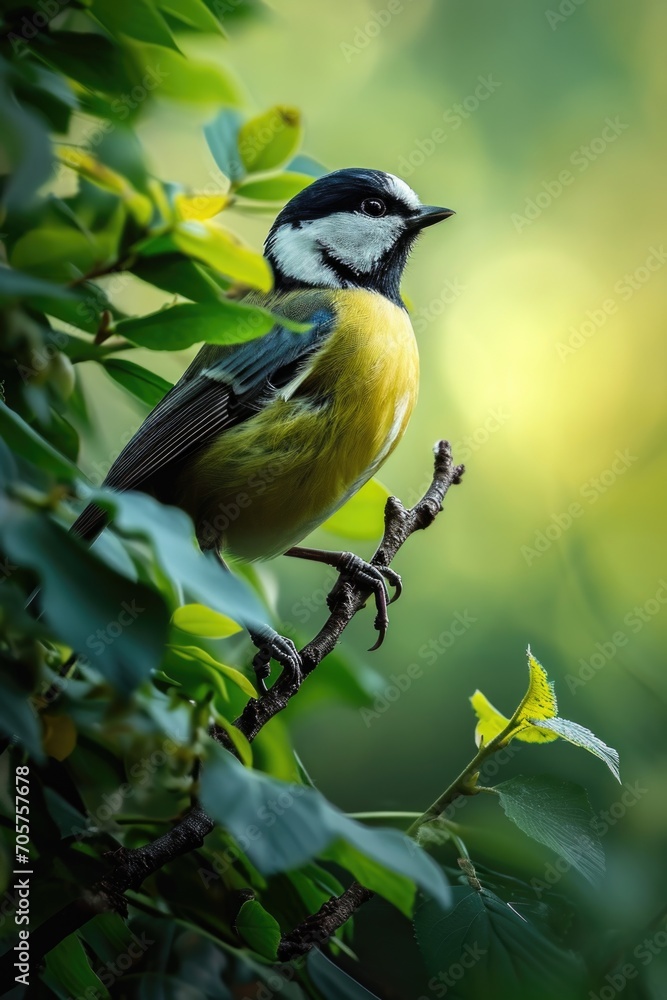 small bird standing on a branch with leaves, in the style of photorealistic accuracy, cabincore. small bird standing on a branch with leaves, in the style of photorealistic accuracy, cabincore.