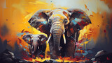 Oil painting of adult elephant and baby elephant