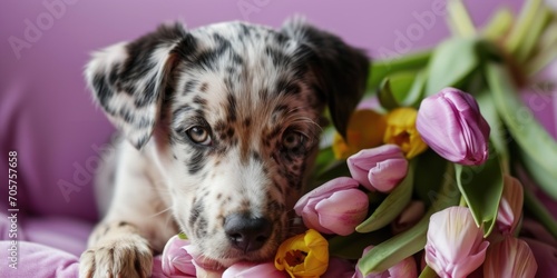 beautiful dog with tulips in his face, happy, in the style of overexposure effect. valentine's day