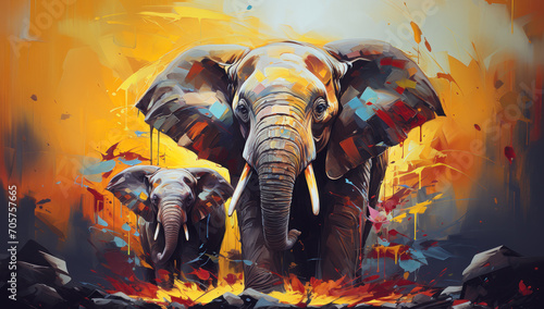 Oil painting of adult elephant and baby elephant © Intel