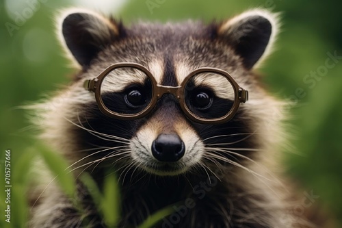 енот в очках,смешной зверек на природе в очках, енот в лесу летним днем © schukoba