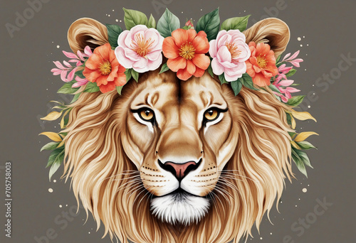 Lioness with floral crown isolated on white in art style for poster design.