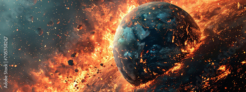 Earth globe collapse burning destroyed by fire. photo