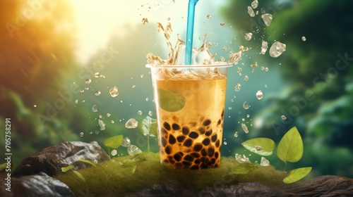  a glass of iced tea with a straw and a blue straw sticking out of it, on a rock in the middle of a forest with leaves and water splashing on the rocks.