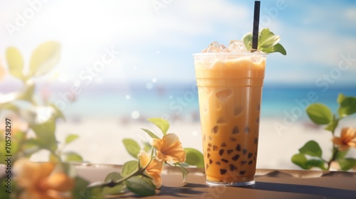  a drink sitting on top of a wooden table next to a flower filled vase with a straw and a straw sticking out of the top of it, on a sunny day at the beach.