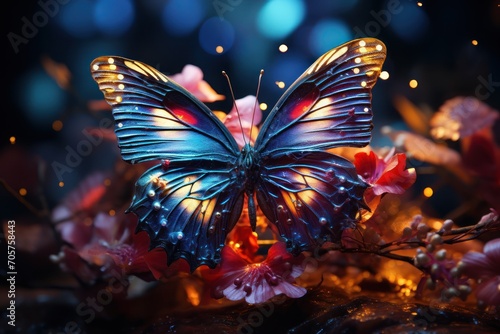  a close up of a butterfly on a branch with flowers in the foreground and a blurry background of blue and red flowers in the middle of the foreground.