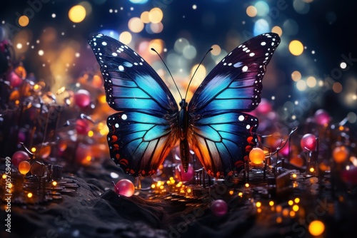  a blue butterfly sitting on top of a lush green field filled with lots of colorful lights and a dark sky filled with lots of small yellow and pink and orange balls.