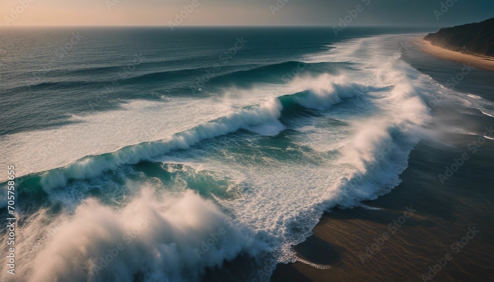 AI generated illustration of ocean waves against the beach