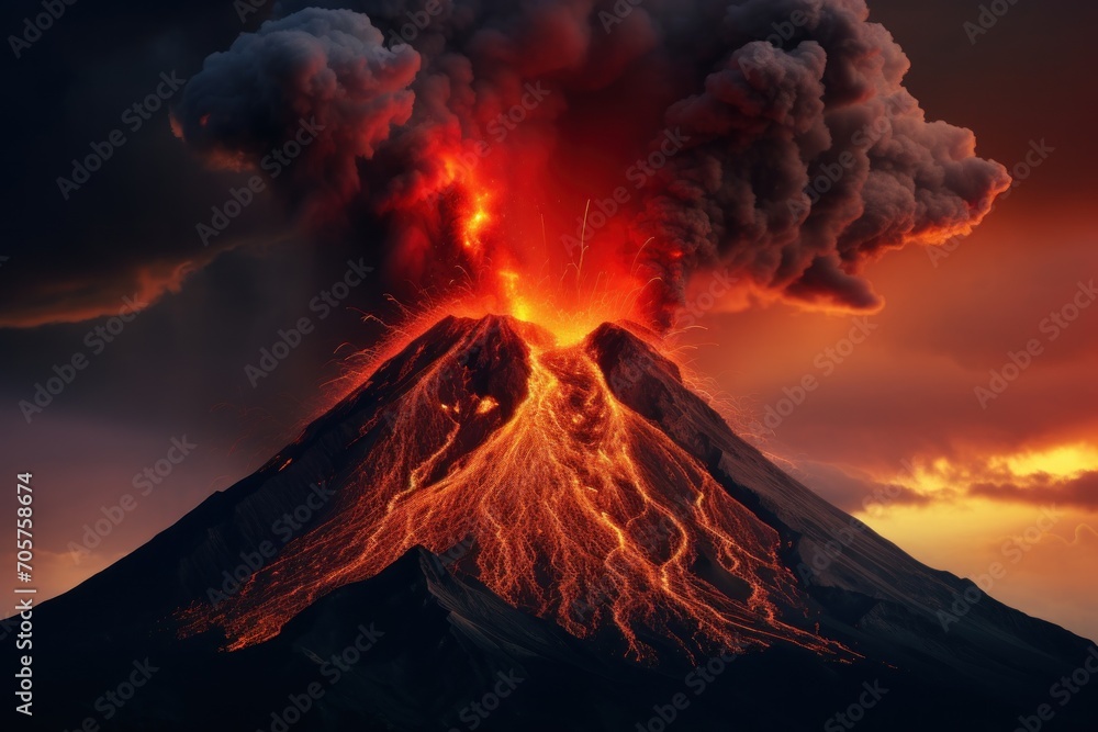  a volcano erupts smoke and steam as it erupts into the air in a dark sky with a red and orange glow from the top of the volcano.