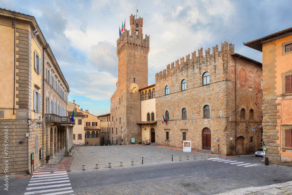 Arezzo, Italy. View of Piazza Liberta square with Torre dell'Orologio tower