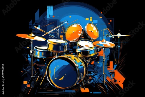  a digital painting of a drum set on a black background with a blue and orange background and a yellow and orange drum set on a black background with a blue background.