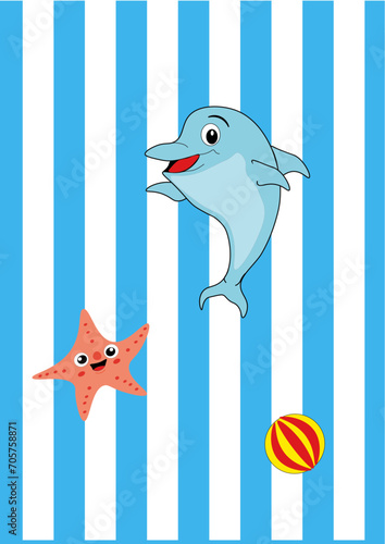 disegno telo mare per bambini copertina placemate tovagliolo con delfino palla conchiglia e stella marina coperta lettino