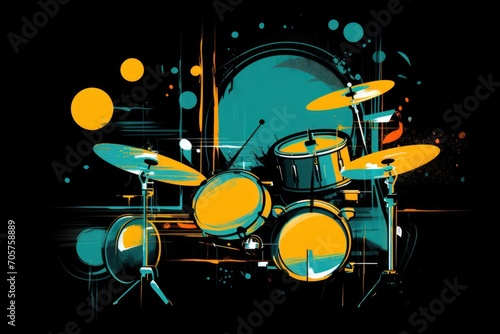  a painting of a drum set on a black background with a splash of yellow on the drum set and a splash of blue on the drum set with a splash of yellow on the drum set.