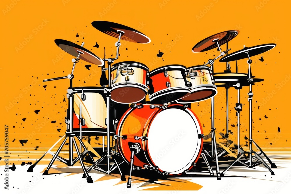  a painting of a drum set with orange and white paint splatters on a yellow background with a black and white spot in the middle of the drum set.