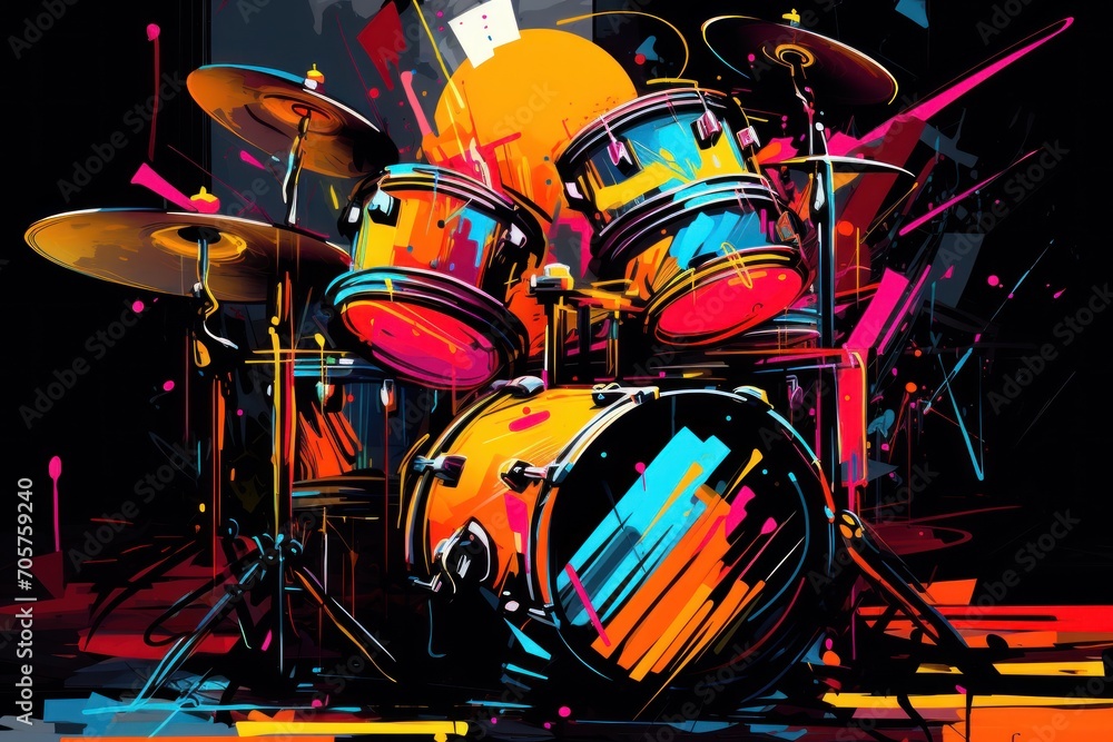 a painting of a drum set on a black background with multi - colored paint splattered across the top of the drum set and bottom half of the drum. a painting of a drum set on a black background with multi - colored paint splattered across the top of the drum set and bottom half of the drum.