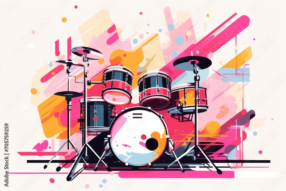 a painting of a drum set on top of a pink and yellow background with a splash of paint on the bottom half of the drum set and the drum set on the bottom half of the drum. a painting of a drum set on top of a pink and yellow background with a splash of paint on the bottom half of the drum set and the drum set on the bottom half of the drum.