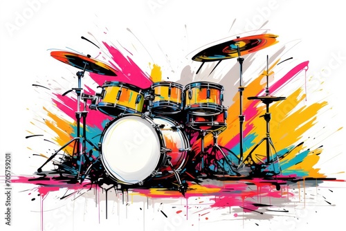  a drawing of a drum set with a splash of paint on the side of the drum set and a pair of drums on the other side of the drum set.