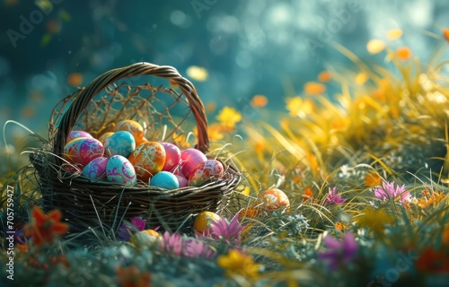 Banner featuring a basket filled with colorful Easter eggs surrounded by blooming flowers in a cheerful spring garden, conveying a sense of delight