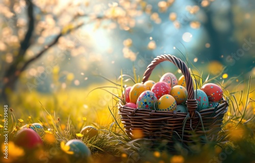 a basket of Easter eggs placed amidst a lush oasis of spring flowers, creating a visually captivating and festive scene for the banner.