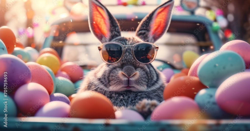 Banner featuring a sunny side up Easter bunny with sunglasses, situated in the midst of a lively fiesta of Easter eggs, adding a playful and vibrant touch to the composition