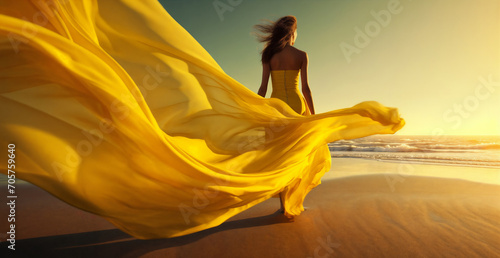a woman in a yellow dress on the beach at sunset with a flowing yellow fabric over her body and head, generative ai