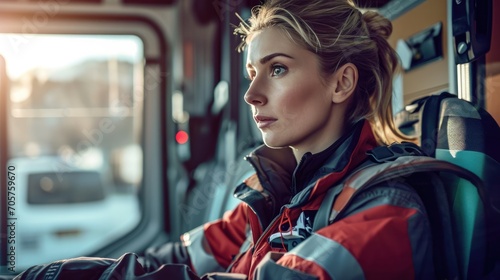 Emergency concept. Female EMS Professional paramedic in Ambulance vehicle on the way to hospital. Emergency medical care assistant works in an ambulance. photo