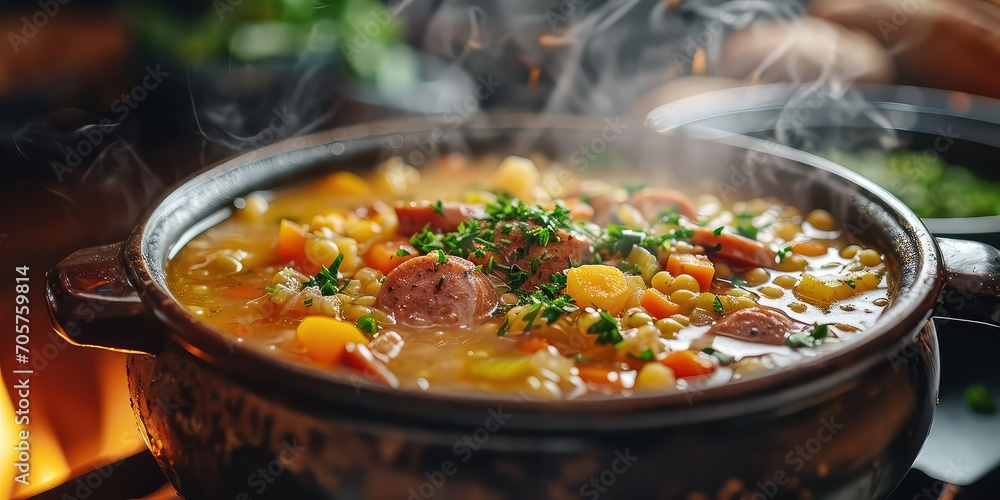 Dutch Split Pea Soup Snert with Smoked Sausage: A rustic kitchen scene featuring a steaming pot of hearty soup - Cozy Comfort and Savoriness - Soft, warm lighting capturing - obrazy, fototapety, plakaty 
