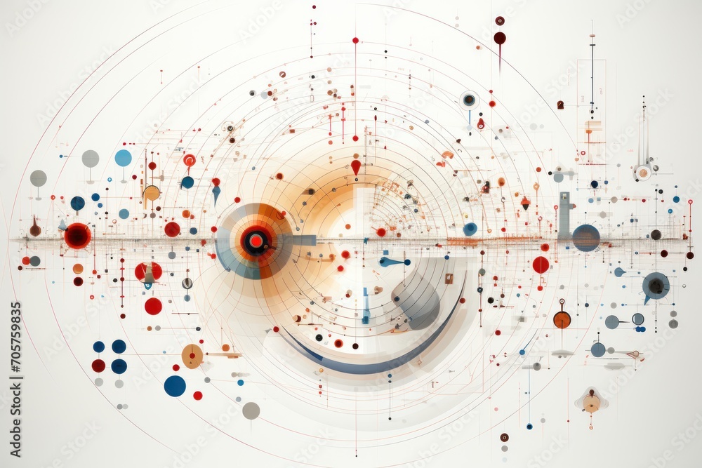 an abstract image of a clock surrounded by circles and circles of different sizes and colors on a white background with red, orange, blue, black, and grey circles. an abstract image of a clock surrounded by circles and circles of different sizes and colors on a white background with red, orange, blue, black, and grey circles.