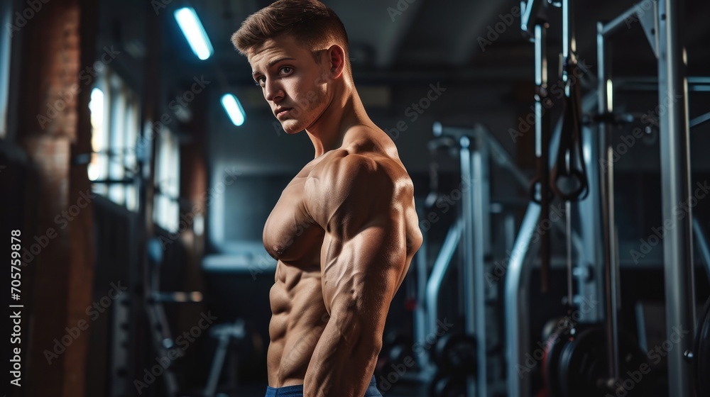 Portrait of Young adult bodybuilder standing in gym.