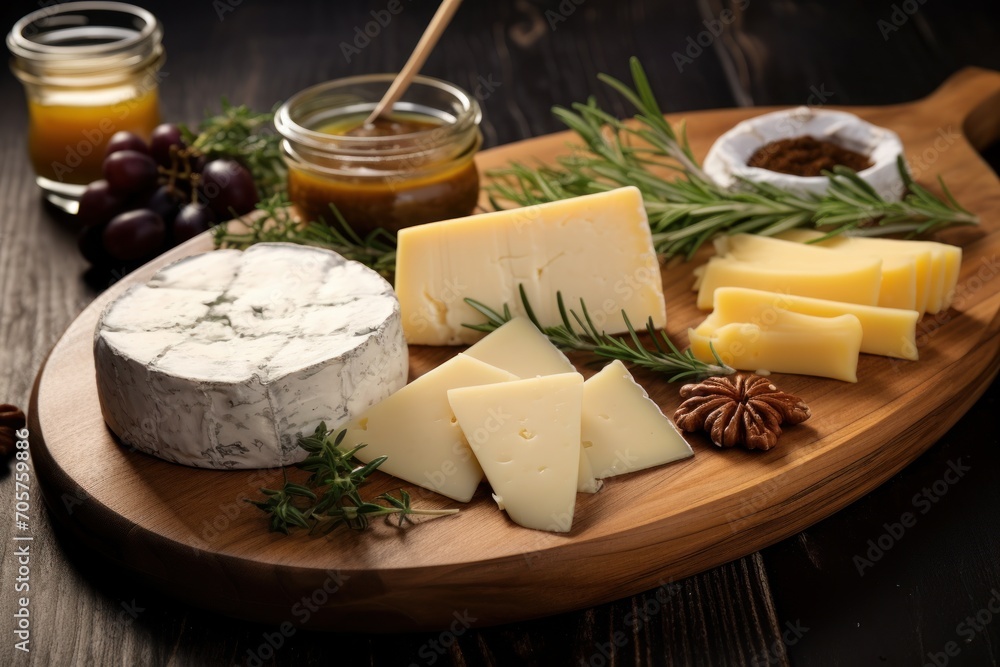  a variety of cheeses on a wooden platter with grapes, pine cones, and a jar of honey on the side of the platter on a wooden table.