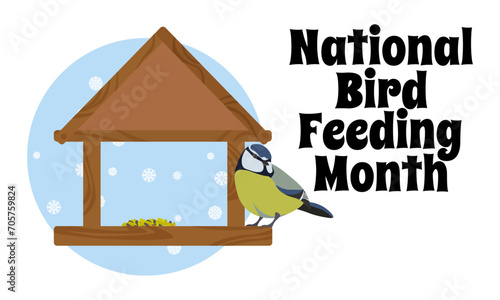 National Bird Feeding Month, horizontal poster or banner design with tit and bird feeder