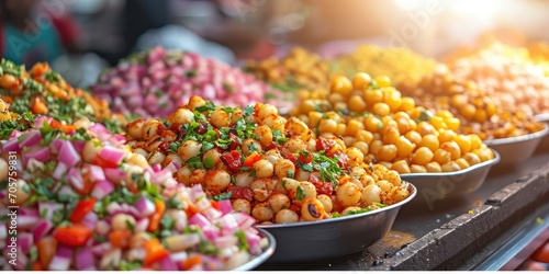 Papri Chaat Delight: A vibrant street food stall with colorful bites - Explosive Flavor and Crunch - Bright, energetic lighting highlighting the dynamic textures of this delightful snack.