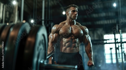 Portrait of Young adult bodybuilder standing in gym.