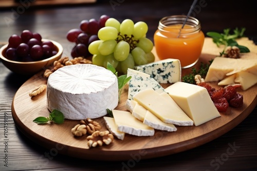  a variety of cheeses, grapes, nuts, and honey sit on a wooden platter with a glass of orange juice and a jar of orange juice in the background.