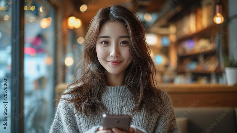 Young Asian beautiful woman using smart phone for business, online shopping, transfer money, financial, internet banking. in coffee shop cafe Young Asian beautiful woman using smart phone for business, online shopping, transfer money, financial, internet banking. in coffee shop cafe
