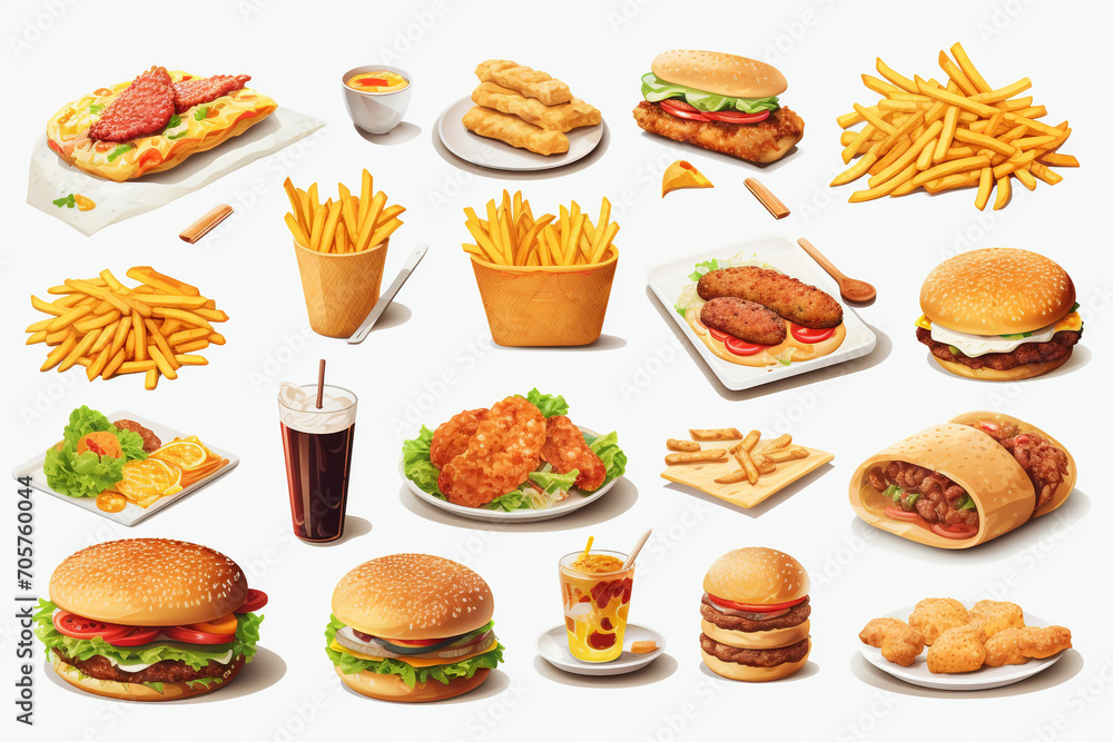 Fast food, street food 3d vector icon set. Pizza, roasted turkey, hamburger, scrambled eggs, brocheta, fried fish, tacos, french fries Fast food, street food 3d vector icon set. Pizza, roasted turkey, hamburger, scrambled eggs, brocheta, fried fish, tacos, french fries