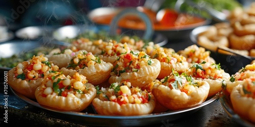 Dahi Puri Extravaganza: A lively street food scene with piles of filled shells - Tangy and Crispy Harmony - Playful, vibrant lighting capturing the joyous atmosphere of indulging in these flavorful.