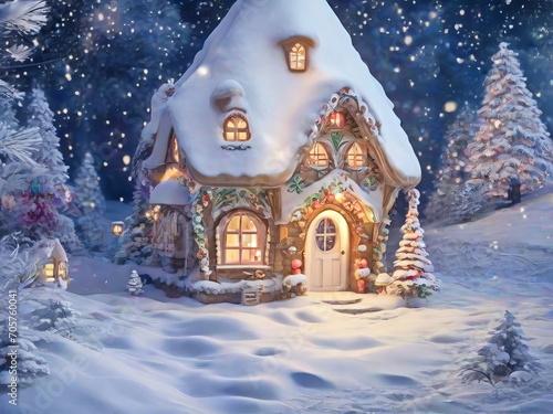 Beautiful fairytale Christmas hut in a snowy forest