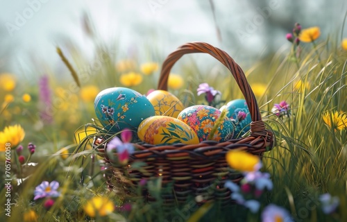 Illustration featuring a charming basket of Easter eggs nestled in an oasis of blooming flowers in a spring garden, creating an inviting and delightful scene