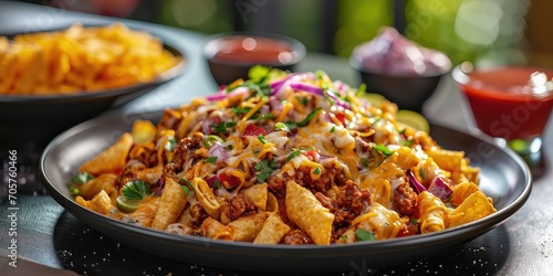 Frito Pie Fiesta: A casual dining setup with a plate of crunchy goodness - Spicy Crunch and Cheesy Melting - Bold, dynamic lighting to amplify the excitement of indulging in this flavorful dish