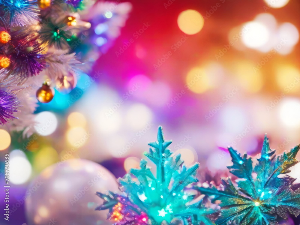 New Year's snowflake, Christmas tree toy, blurred background of multi-colored lights. New Year's festive atmosphere. New Year's snowflake, Christmas tree toy, blurred background of multi-colored lights. New Year's festive atmosphere.